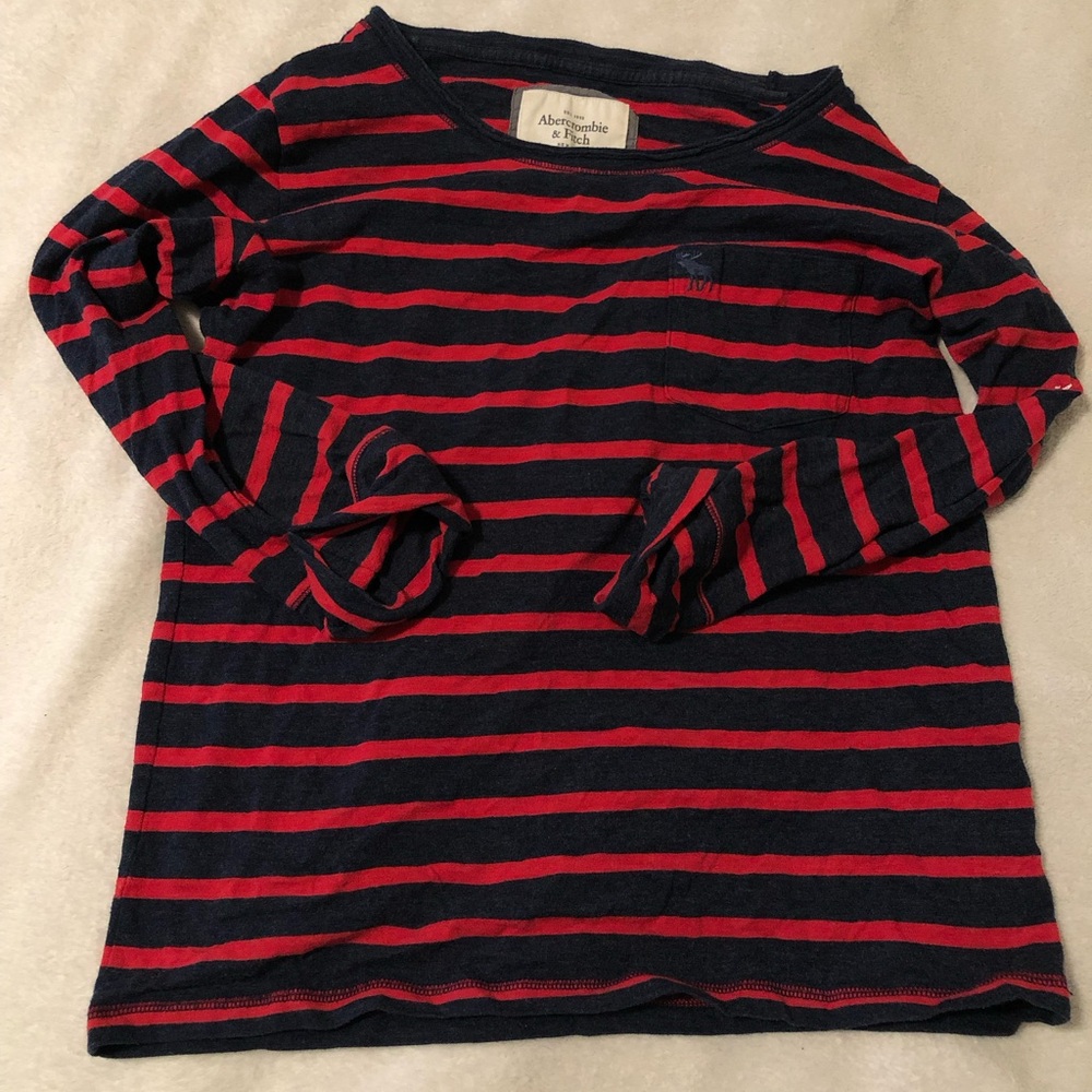 Abercrombie & Fitch Navy and Red Striped Long Sleeve Tee